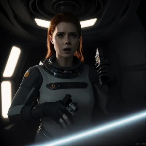 photorealistic photo of a Hot terrified Sci fi Amy adams holding a sci fi pistol on ishimura Horror Space Ship photography, natural light, photorealism, cinematic rendering, ray tracing, the highest quality, the highest detail, Cinematic, Third-Person View...