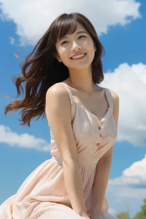 Photorealistic, CinemaScope, FilmSteel, a japanese girl, feminin pose, Cute dress, smiling, fine sky, Realism, bumps on the skin