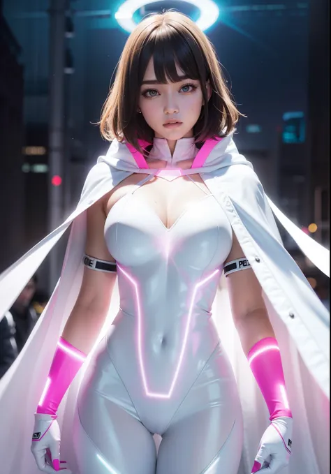 Bust to waist ((perfect beauty face)) perfect skin, hyperrealistic masterpiece, Superheroine woman ((fringe glowing colorful)) in extremely complex & superdetailed tight plugsuit ((with white cape)), sharp focus, cinematic illumination: 8k, (((neos-cyberpu...