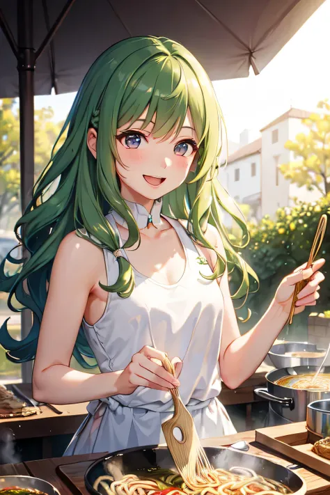 ((best quality)), ((masterpiece)), (detailed), perfect face, sunny evening, cooking ramen in the park, white dress, laughing, green long wavy hair, small breast, bokeh background, 1girl, cinematic