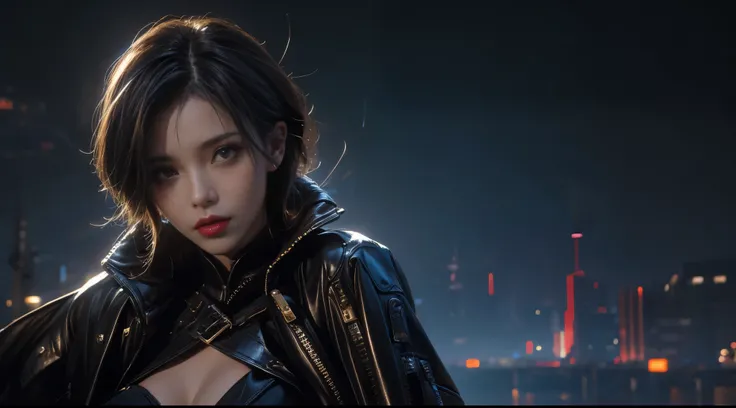 masterpiece，quality，Best quality，official art，（Beauty and aesthetics：1.2），（masterpiece：1.3），The cities of the future，cyberpunk characters，a girl，sexy leather clothes，looking at camera，（close lens：1.8），volume fog，rain，night，dramatic