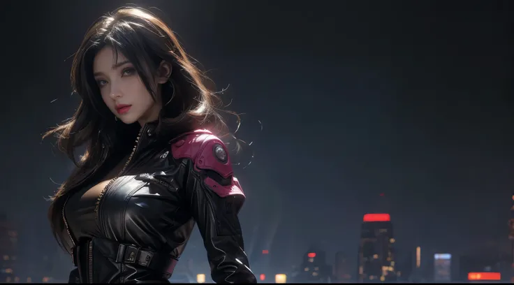 masterpiece，quality，Best quality，official art，（Beauty and aesthetics：1.2），（masterpiece：1.3），The cities of the future，cyberpunk characters，a girl，sexy leather clothes，looking at camera，（close lens：1.8），volume fog，rain，night，dramatic