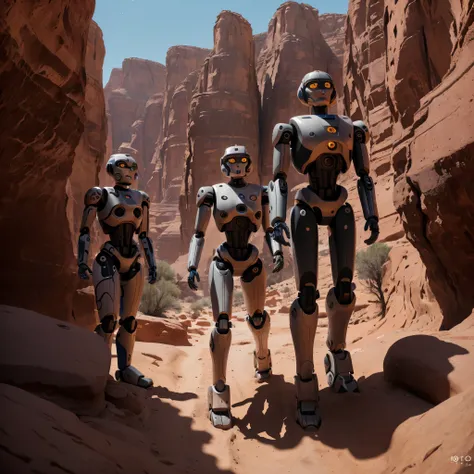 planet Tattooine,deep sand stone canyon, two humanoid robots (obviously mechanical) navigate a rough trail at the bottom of the canyon,(best quality,4k,8k,highres,masterpiece:1.2),ultra-detailed,(realistic,photorealistic,photo-realistic:1.37),portrait,land...