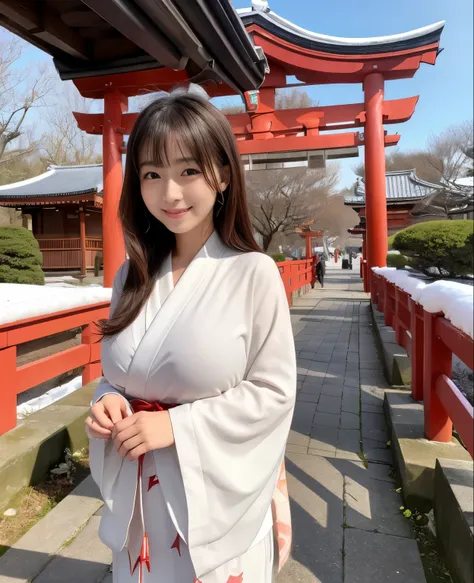  shrine、sunny winter weather、the leaves wither and fall、snow-covered plants、Japanese clothing、plain white kimono、The skirt part is red、miko、Standing in front of the torii gate with the shrine behind、 Sakimi-chan,, nice and cute, innocent smile,  , nice smi...