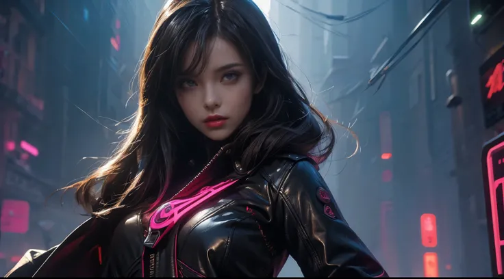 masterpiece，quality，Best quality，official art，（Beauty and aesthetics：1.2），（masterpiece：1.3），The cities of the future，cyberpunk characters，a girl，sexy leather clothes，looking at camera，（close lens：1.8），volume fog，rain，night，dramatic