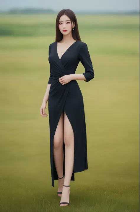 kmj1, a woman, (realistic), (hyperrealistic), (photorealistic), depth of field, eye makeup: 0.8, (full body: 1.2), (narrow waist), looking at the viewer, black dress, high heels in the field,