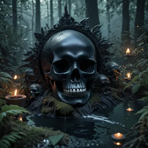 (best quality,8K,high resolution,muste piece:1.2),Super detailed,Eerily realistic jet black skull,elaborate corpse,pool,forest,scary theme,horror festival setup