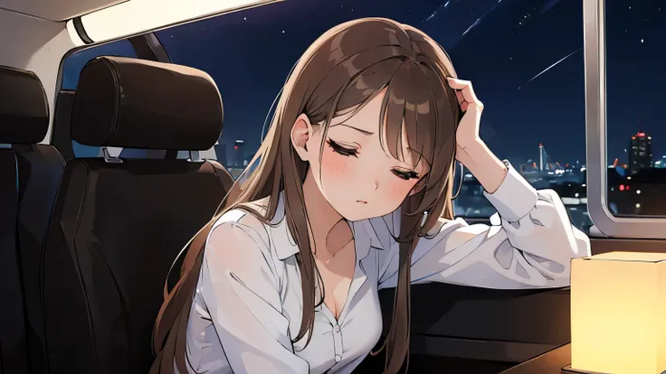 (Leaning on people:1.5), masterpiece、highest quality、 (night:1.5), forehead, A 25-year-old woman with light chestnut medium-long hair and brown eyes.、front open shirt, Wearing a white blouse、blush, Closed eyes, sitting、The background is inside a taxi、Taxi ...