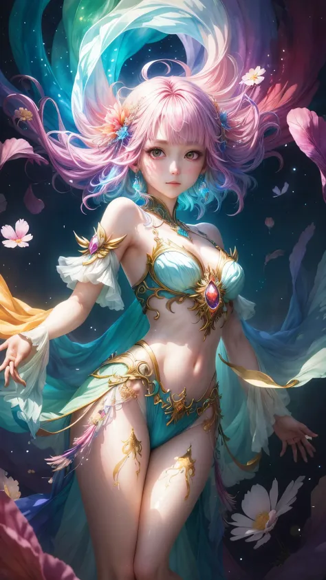 A captivating anime girl gracefully emerges from the pages of a watercolor painting, her vibrant and intricate colors breathing life into the artwork. She wears extraordinary fantasy costumes，Decorated with exquisite details, reflecting the enchanting worl...