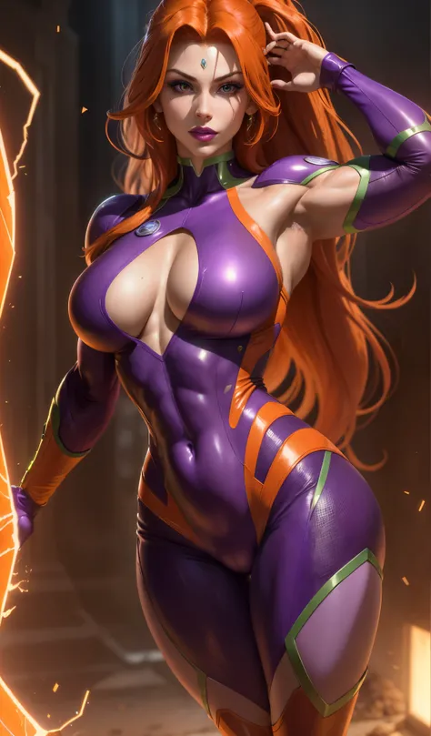 (Masterpiece, 4k resolution, ultra-realistic, very detailed), Super heroine, long orange hair, purple leather suit, muscular body, full purple lips, purple lipstick, large breasts, starfire,  emit green glow eyes