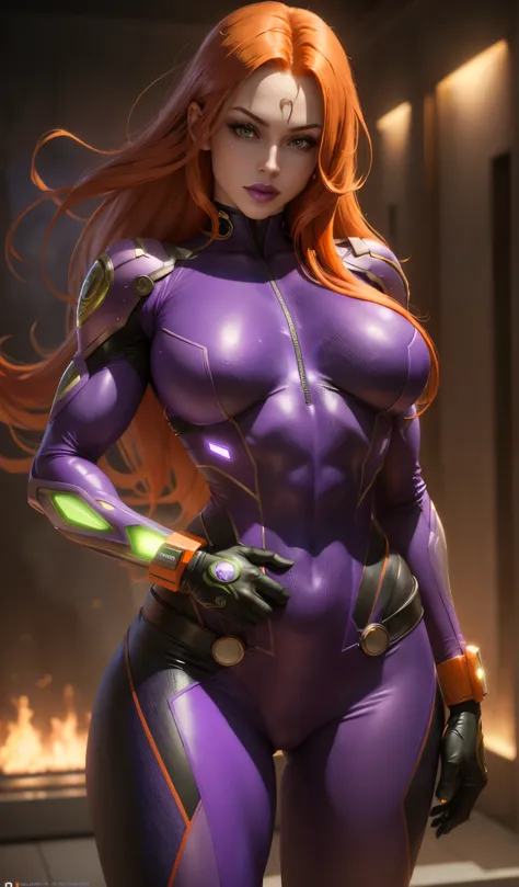 (Masterpiece, 4k resolution, ultra-realistic, very detailed), Super heroine, long orange hair, purple leather suit, muscular body, full purple lips, purple lipstick, large breasts, starfire,  emit green glow eyes