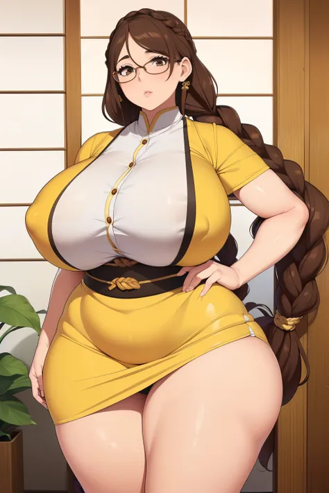 ((Giant saggy tits)),((caderas anchas)),((chica blanca)),((Long brown hair with braids)),((brown eyes)),((thicc thights)),((gafas)),Thicc MILF,((ropa de diosa japonesa))