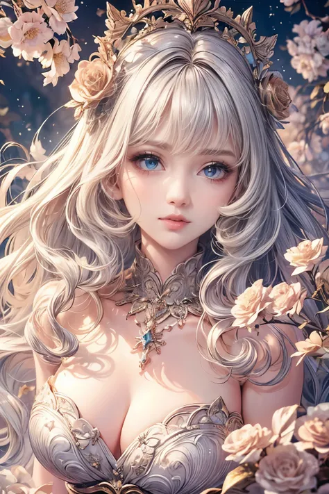 (best quality,8K,CG),detailed upper body,lonely girl,floral forest background,complex facial features,elegant long curly hair,almond-shaped big eyes,detailed eye makeup,long eyelashes,twinkling stars,exquisite lip details,soft and harmonious style.