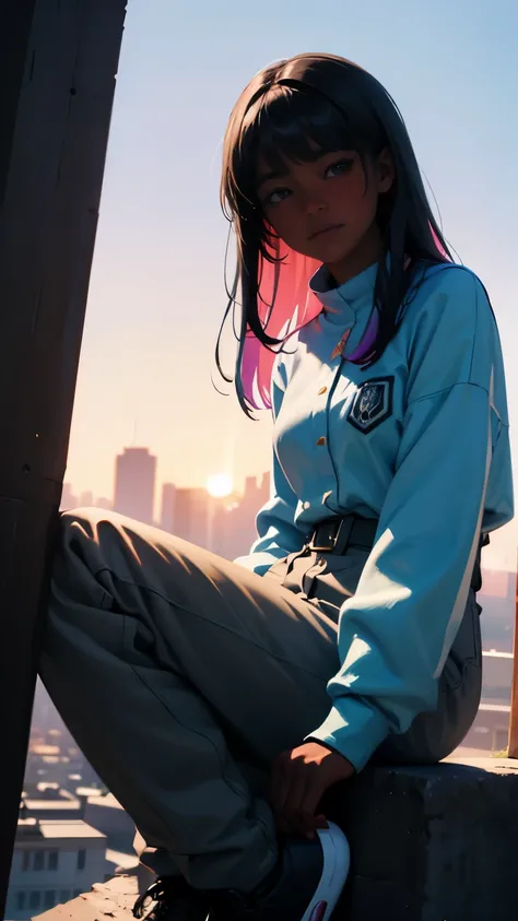 pretty black woman sitting on a hillside, soft hair, funkypop, cyberdelic, grunge, hyperrealistic anime, lofi art, luminism, man...