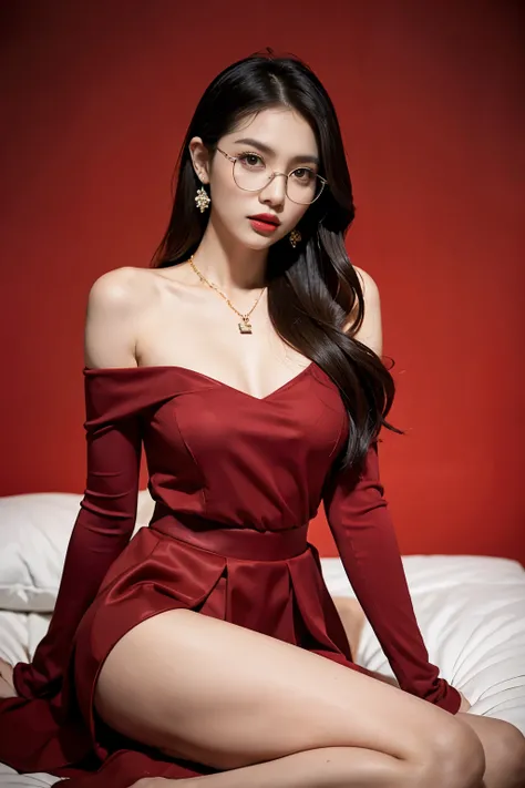 Wearing a red suit on the upper body，Red coat，no underwares，huge，Black hip skirt，black skirt，A-line skirt，She wears black pantyhose on her legs，High heel，Wear gold wire glasses，Recline on the round bed，The beauty of mixed race，fiery red lips，Pure and cute ...