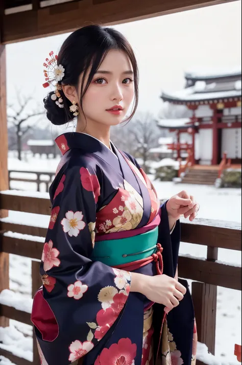 japanese shinto shrines in snowy landscapes, early morning of new year's day, (a beautiful japanese girl in a kimono for new yea...