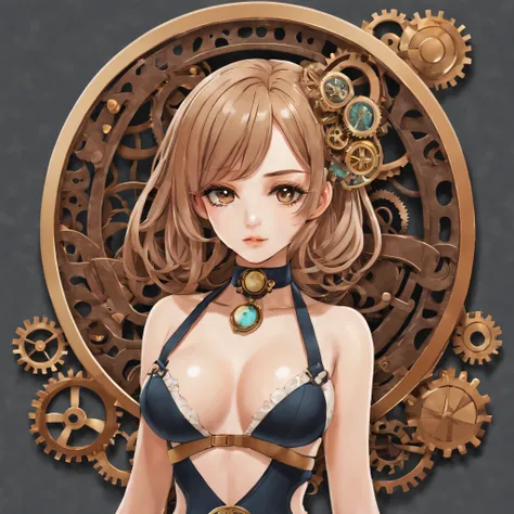 (a sticker,),(3D anime girl),bikini, elegance,beautyful face,(In circlerown background), (steampunk border)， ultra - detailed, best quality, Detailed diagram, vectorized, 8K, 专业a sticker设计, Graphic design, vector lines, a sticker, Full-HD