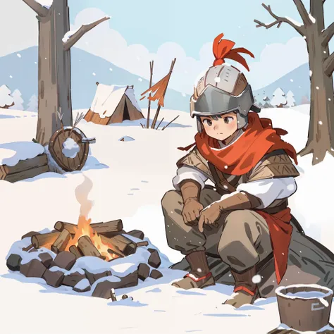 fine，refine，detail，smooth brush，wood escape，bonfire，soldier，white snow, that tree, snow, cloth tent，shield，arrow，bucket，wood，sno...