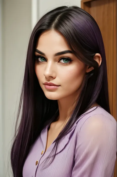 She is 5 feet 6 inches with purple hair and green eyes. Her hair flows like the waves of the ocean. Her eyes are big and almond-shaped. Her eyes are seductive. Her eyebrows are full but perfectly shaped and angled. She has high cheekbones and a button nose...