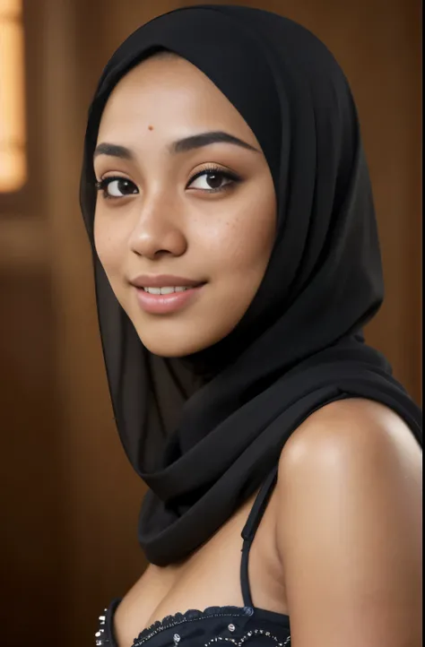 bellydancer, cleavage,  beautiful teen javanese girl with hijab and few soft freckles, mole below eyes, detail skin texture, smile, , dramatic light , Rembrandt lighting scheme, (hyperrealism:1.2), (8K UHD:1.2), (photorealistic:1.2), shot with Canon EOS 5D...