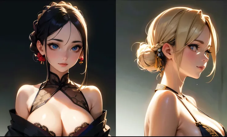 A beautiful flirtatiously smiling woman, a very busty ronin wearing gold lace kimono, Meiji restoration, blue eyes, yojimbo, cleavage, bare shoulders, HD, UHD, WLOP, Artgerm, French braid hairstyle, a view from the side and above, large anime eyes, realist...