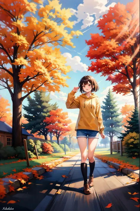 mn,jiedao,1girl,full body,tree,1girl,outdoors,solo,road,scenery,autumn,autumn leaves,day,shorts,