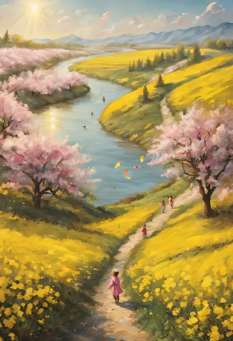 rapeseed flower field，peach blossom，sun，sunlight，river，small children flying kites，