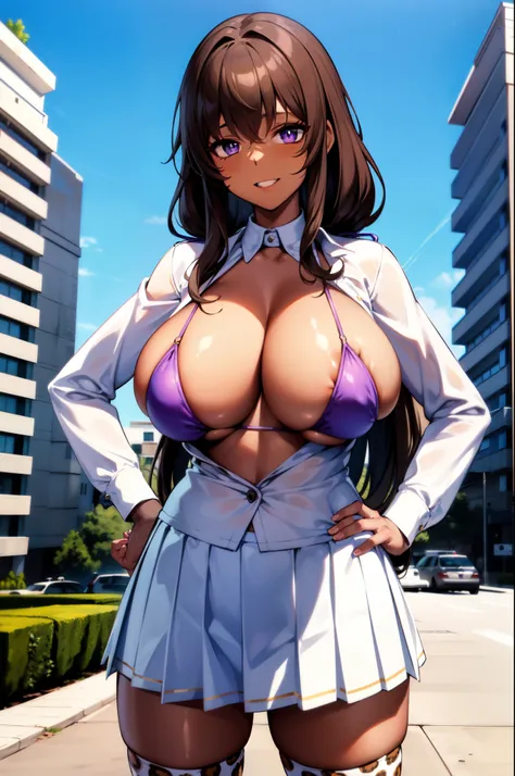 masterpiece, best quality, extremely detailed, 1girl, gyaru, solo, (dark brown skin:2), ui(blue archive), (gigantic breasts:1.1), ((((aquamarine hair), long hair, purple eyes, slit pupils))), parted lips, (((white shirt, open clothes, bikini, leopard print...