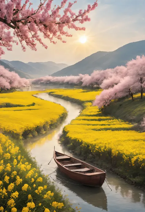 rapeseed flower field，peach blossom，sun，sunlight，river，small boat，