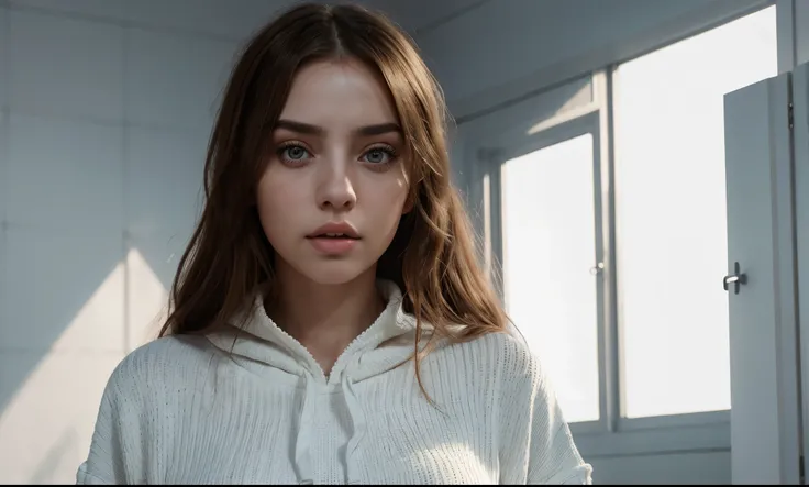 Realistic looking Russian girl, face similar to Ana de Armas and Billie Eilish, no makeup, influencer, instagram, with perfect body and big breasts, with white sueter, physically based rendering, cinematic lighting, intricate, high detail, sharp focus, dra...