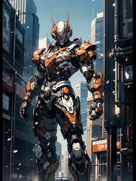 A super a high-tech biotech battle suit, standing on a rooftop, looking over the city, Japanese tokusatsu and American comic style, biometallic texture of the suit, sleek and shiny, dynamic, fast, natural light, cinematic, high quality, high resolution, hi...