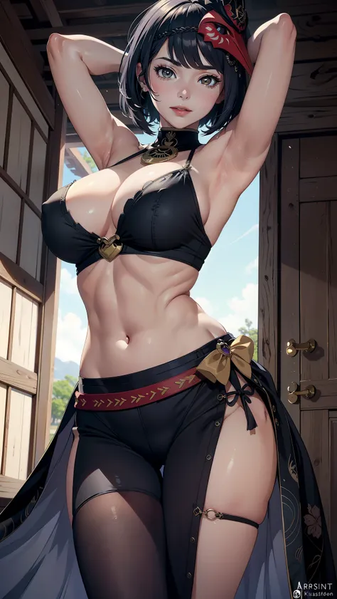 ((masterpiece)),(bestquality),((ultra-detailed)), (beautiful detailed face), depth of field,detailed,((beautiful detailed eyes)), ((kujousaradef)), cowboy shot, body goals, perfect body, official art, gigantic breast, cute, smile, navel, (armpits poses:1.5...