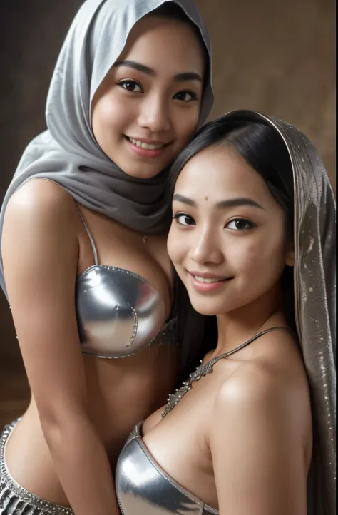 2girls, silver bellydancer, cleavage,  two beautiful teen javanese and chinese girls with hijab and few soft freckles, mole below eyes, detail skin texture, smile, , dramatic light , Rembrandt lighting scheme, (hyperrealism:1.2), (8K UHD:1.2), (photorealis...