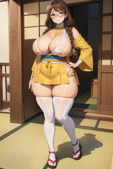 ((Giant saggy tits)),((caderas anchas)),((Chica blanca)),((Long brown hair with braids)),((brown eyes)),((thicc thights)),((gafas)),Thicc MILF,((Ropa de diosa japonesa)),((full body))