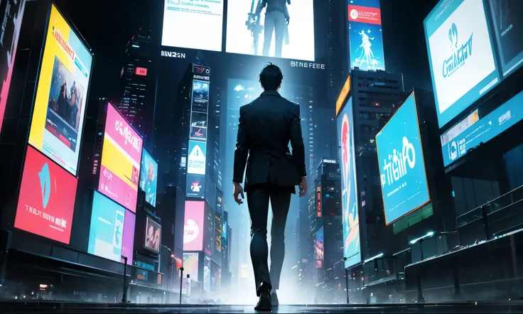 imagen realista de hombre caminando por time square, ambiente similar a blade runner, sad, tristeza, the sky is between blue and...