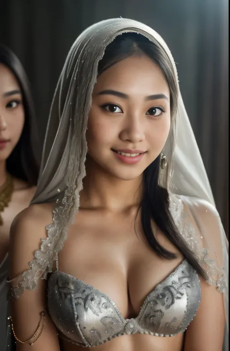 2girls, silver bellydancer, cleavage,  two beautiful teen javanese and chinese girls with hijab and few soft freckles, mole below eyes, detail skin texture, smile, , dramatic light , Rembrandt lighting scheme, (hyperrealism:1.2), (8K UHD:1.2), (photorealis...