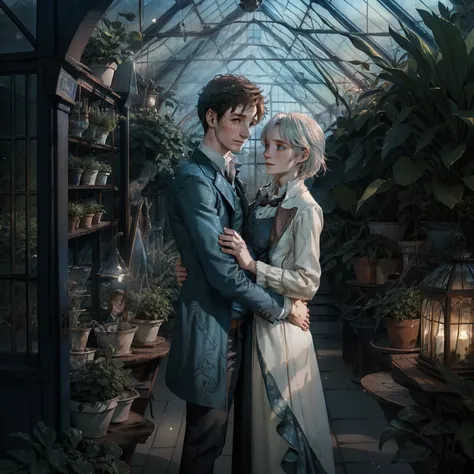 eddie redmayne newt scamander from fantastic animals hugging a white middle haired girl, romantic couple happy, in a greenhouse,...