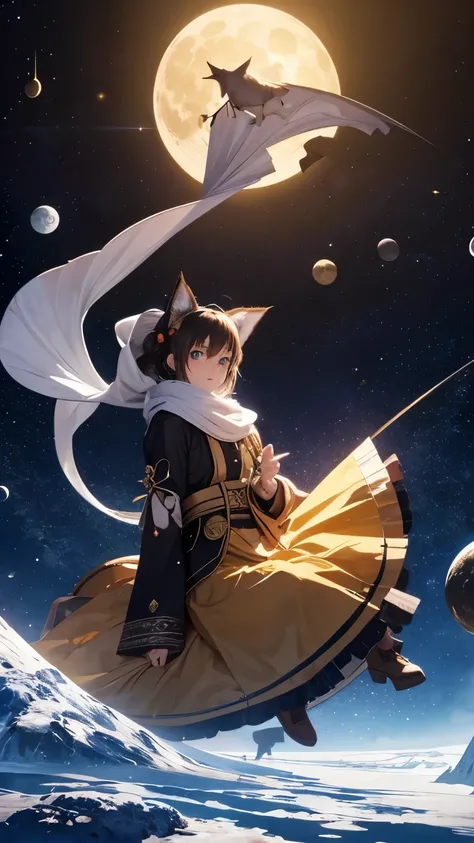 Thomas Crane, Edmund Swinglehurst, Surreal Mystery Bizarre Fantastic Fantasy SF, Japanese Anime, Golden Mini Scarf Alice Beautiful Girl Playing with Crescent Moon Jigsaw Puzzle, Outer Space, The Steps of the Moon and the Earth, detailed masterpiece 