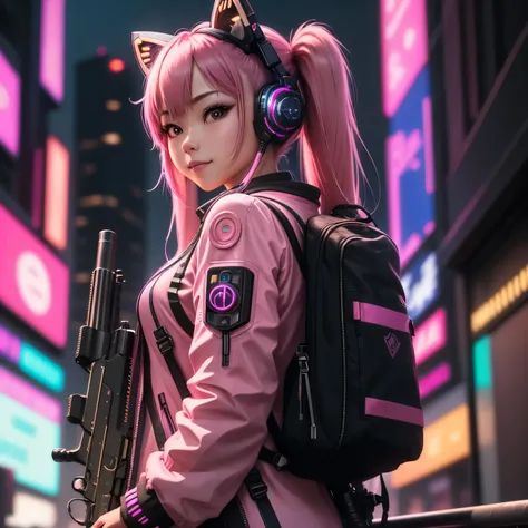 (8k, HDR, RAW photo, best quality, masterpiece:1.2, realistic lighting), backside view, an asian girl, solo, smile, (holding a gun), (a twintail), pink hair, path traced hair, (pink racoon ears), ((pink eyes)), pink headset, nice hands, (thin face), beauty...