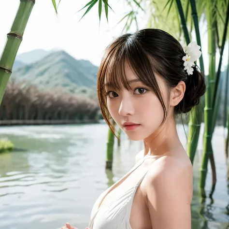 negative space, Shuimobisim, girl, woman,bare shoulders, (ecchi0.5), lips, Water splash, (wood:0.5), (flowers:0.6) ,(a bird:0.2), (bamboo0.1), lake, Hangzhou, bonian, bonian in background   