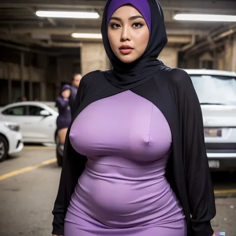 (Extremely detailed, In the underground car park,Hijab Indonesian MILF, Slightly fat, plump, A big-breasted, Gigantic big tits, Refined face, sexy for Adult Magazine, Purple crewneck dress, Tight dress, Close-up of people, Hi-Def, photorealistic perfect bo...