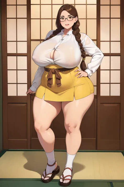 ((Giant saggy tits)),((caderas anchas)),((Chica blanca)),((Long brown hair with braids)),((brown eyes)),((thicc thights)),((gafas)),Thicc MILF,((Ropa de diosa japonesa)),((full body))