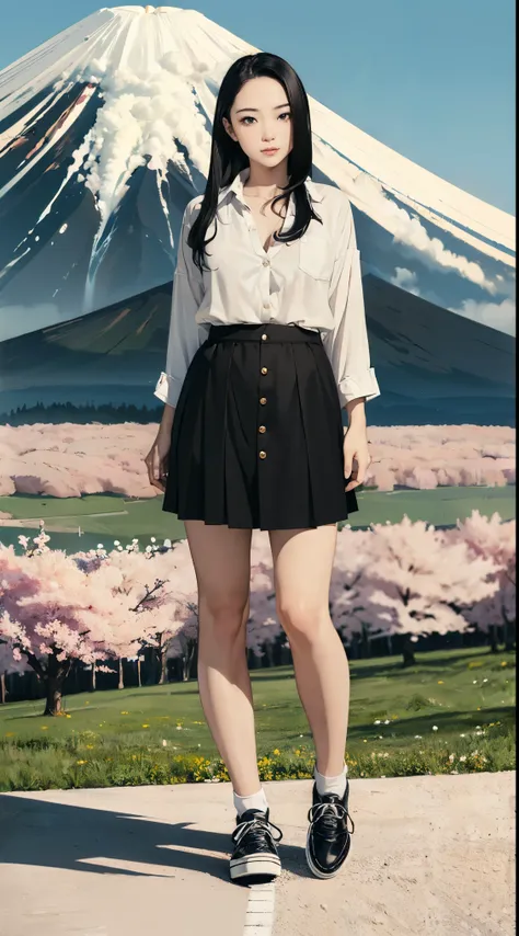 ((Beautiful 35_year_old japanese_woman with pale skin):1.5), ((long_black_hair):2), ((japanese_woodlands):1), ((sagging_breasts):1.8), ((breasts_apart):1.5), ((wearing loose_long_skirt and white_button_up_shirt and black_shoes):2), ((full_body_photo):2), (...