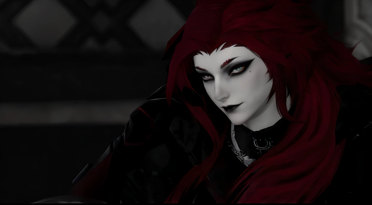 arafed woman with red hair and black makeup holding a ball, androgynous vampire, vampire of clan lasombra, carmilla vampire, crimson darkness, dark vampire, male vampire of clan banu haqim, lilith, dark fae, crimson red hair and red eyes, pale skin and dar...