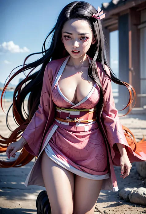 1girl nezuko kamado, breasts, pussy, sexy body hot, pink eyes, demon slayer, reallistic, 8k,black orange hair, sex posse, bite b...