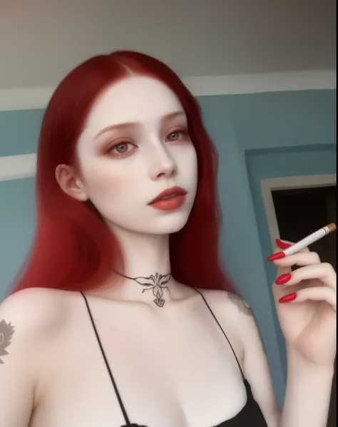 Mujer arafed con pelo rojo y un cigarrillo en la mano., amoranto, with pale skin, better known as amoranto, very very pale white skin, very pale white skin, young beautiful amoranto, pale gothic beauty, very very very pale white skin, extremely pale white ...