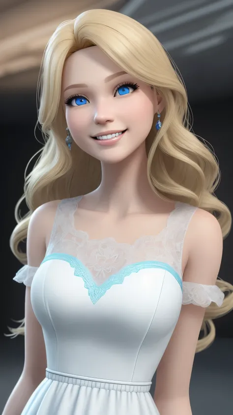 blond Barbie princess with blue eyes, Delicate and beautiful face，cabellos largos dorados, fresh flowers，adolable，Clean and nice，white dress, dream magical, smile，Disney  style 8K,Highest high resolution,best qualtiy，offcial art，unreal-engine， depth of fie...