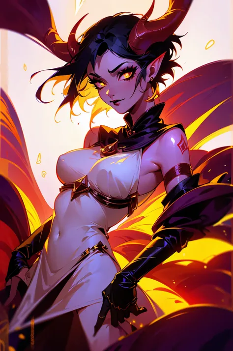 Red skin tiefling girl with horns, tight white priestess outfit, dnd style portraiе, pixie-cut black hair, dark make-up, black lipstick, dark face tatoo, warlock celestial, yellow eyes，black 裙子，sex face