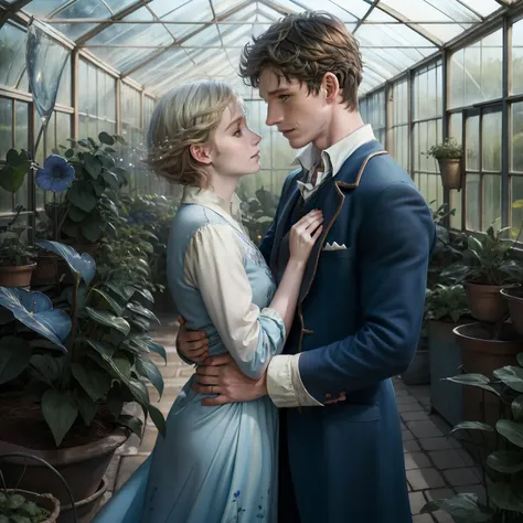 Eddie Redmayne Newt scamander from fantastic animals hugging a white middle haired girl, Romantic couple happy, in a greenhouse, (girl must have blue clothes), anatomy correct, Delicate pattern，Ink painting style, Clean colors, Soft lighting, (Bokeh)，Maste...