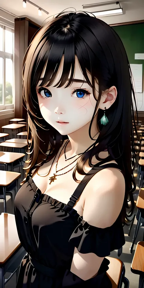 ((beautiful face))、very delicate facial、creamy、masterpiece、1 girl、１４talent、small breasts、small breasts、small breasts、highest quality、ultra high resolution、(photorealistic:1.4)、whole body、、shine softly、great scene lighting、(inside the classroom)、((black off...